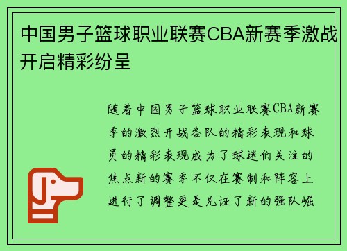 中国男子篮球职业联赛CBA新赛季激战开启精彩纷呈