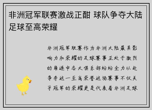 非洲冠军联赛激战正酣 球队争夺大陆足球至高荣耀
