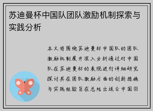 苏迪曼杯中国队团队激励机制探索与实践分析
