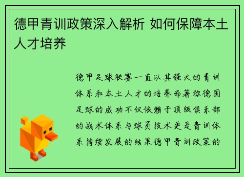 德甲青训政策深入解析 如何保障本土人才培养